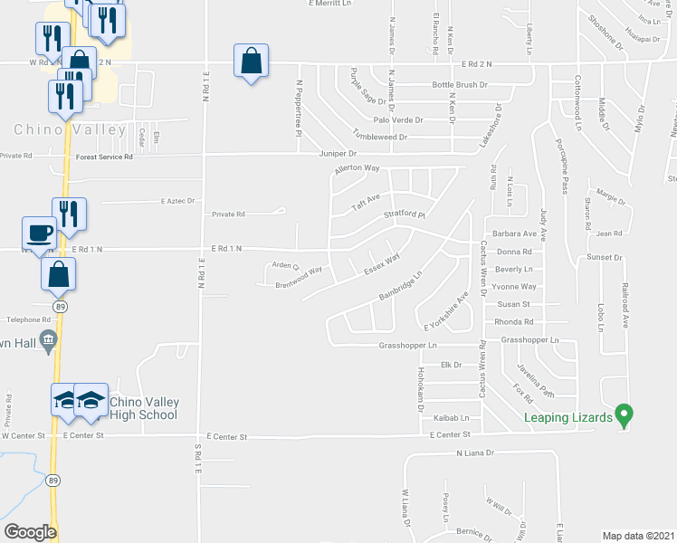 map of restaurants, bars, coffee shops, grocery stores, and more near 427 Allerton Way in Chino Valley