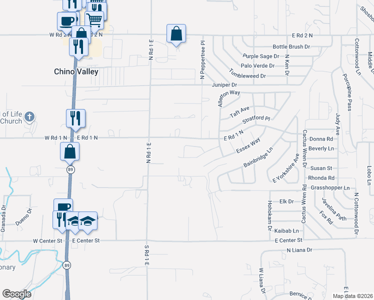 map of restaurants, bars, coffee shops, grocery stores, and more near 1117 Arden Court in Chino Valley