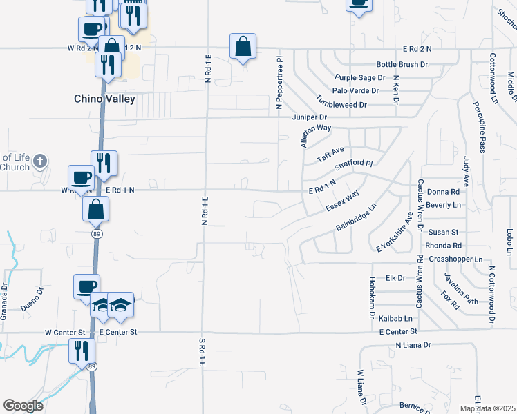 map of restaurants, bars, coffee shops, grocery stores, and more near 1117 Arden Court in Chino Valley