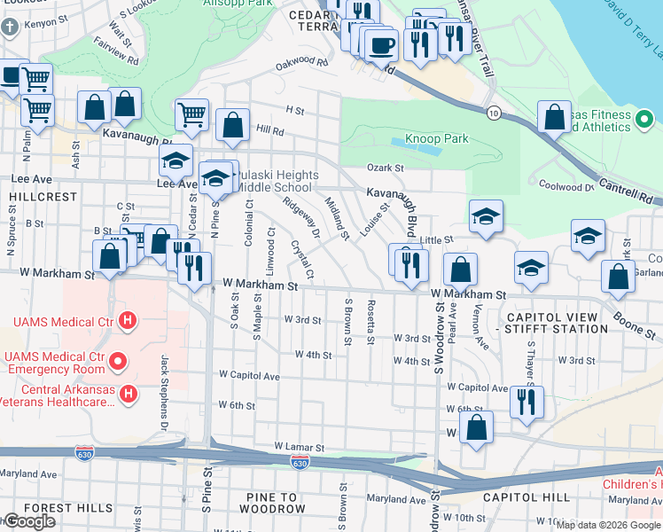 map of restaurants, bars, coffee shops, grocery stores, and more near 201 Ridgeway Drive in Little Rock