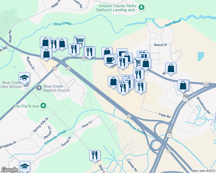 map of restaurants, bars, coffee shops, grocery stores, and more near 561 Yopp Road in Jacksonville