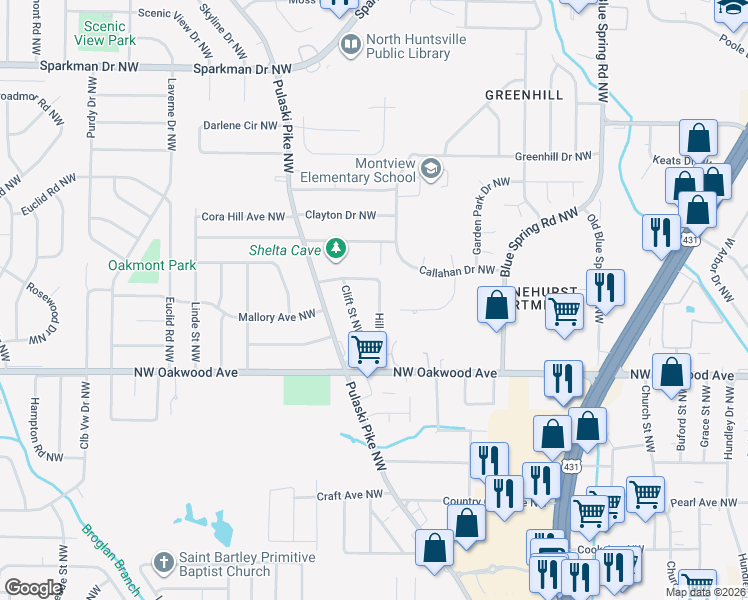 map of restaurants, bars, coffee shops, grocery stores, and more near 2208 Hill Street Northwest in Huntsville