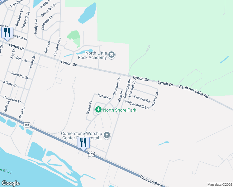 map of restaurants, bars, coffee shops, grocery stores, and more near 114 Saunders Drive in North Little Rock