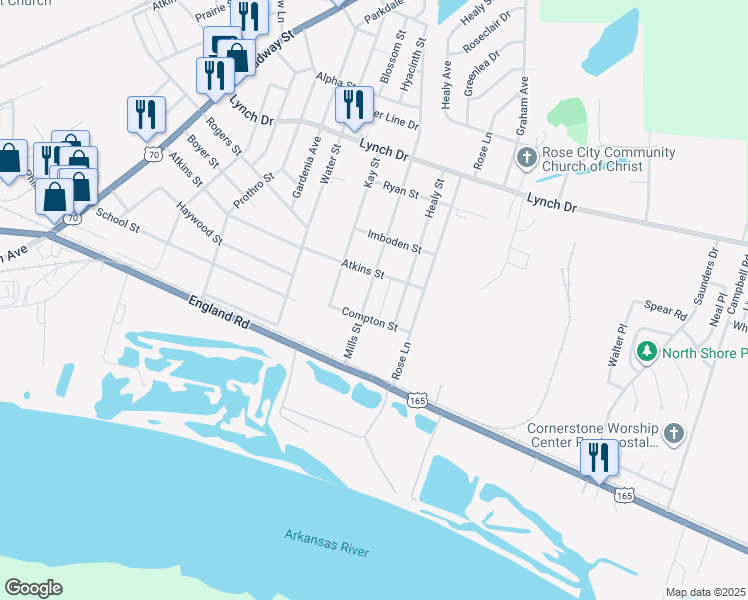 map of restaurants, bars, coffee shops, grocery stores, and more near 206 Mills Street in North Little Rock