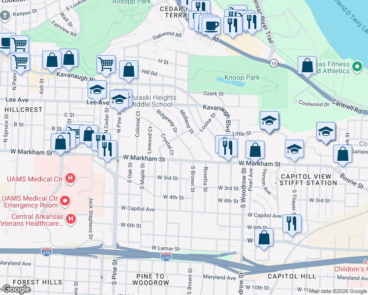 map of restaurants, bars, coffee shops, grocery stores, and more near 201 Ridgeway Drive in Little Rock