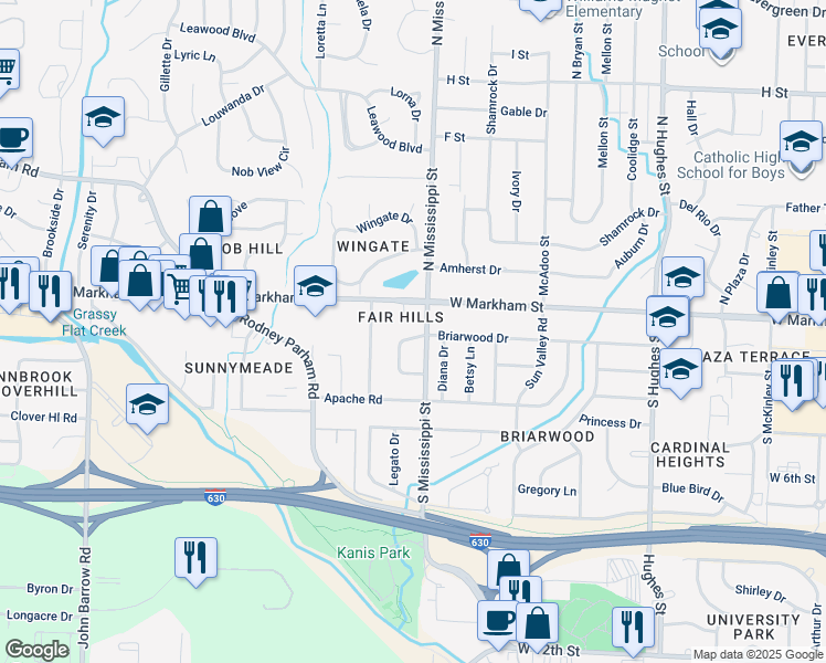 map of restaurants, bars, coffee shops, grocery stores, and more near 7610 Briarwood Circle in Little Rock