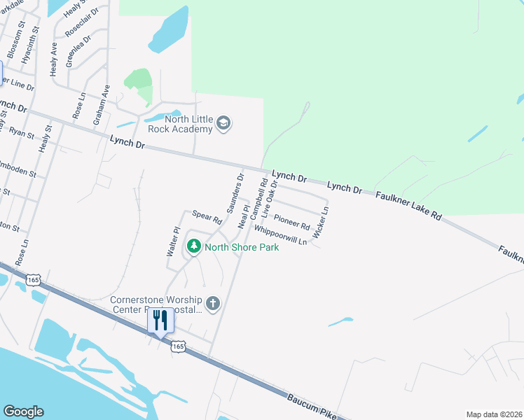 map of restaurants, bars, coffee shops, grocery stores, and more near 15 Neal Place in North Little Rock