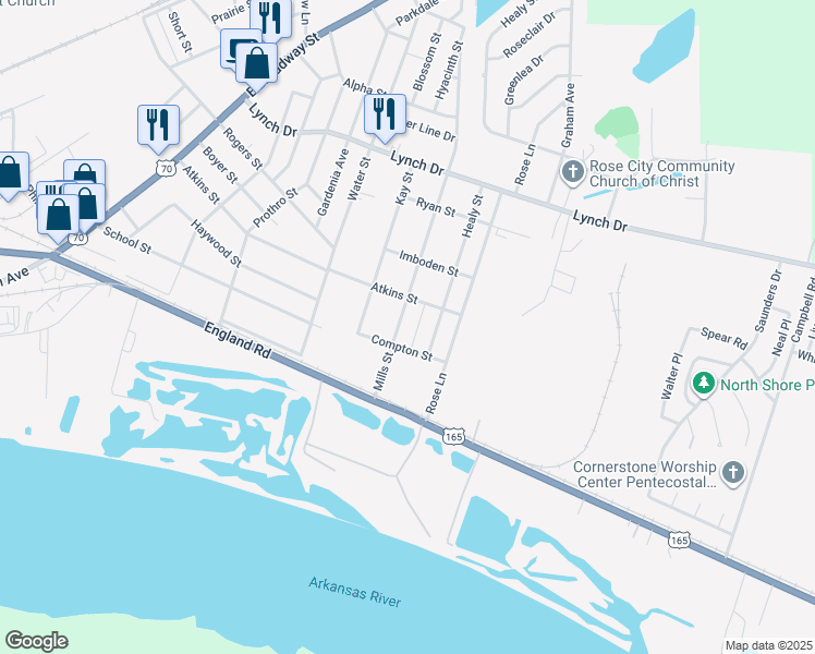 map of restaurants, bars, coffee shops, grocery stores, and more near 206 Mills Street in North Little Rock