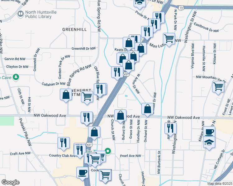map of restaurants, bars, coffee shops, grocery stores, and more near 2024 Memorial Pkwy Northwest in Huntsville