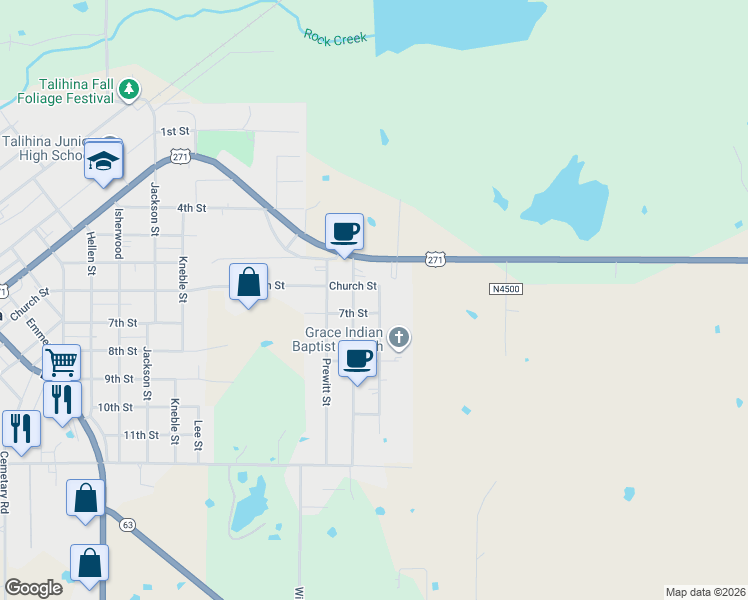 map of restaurants, bars, coffee shops, grocery stores, and more near 102 Sequoyah Street in Talihina
