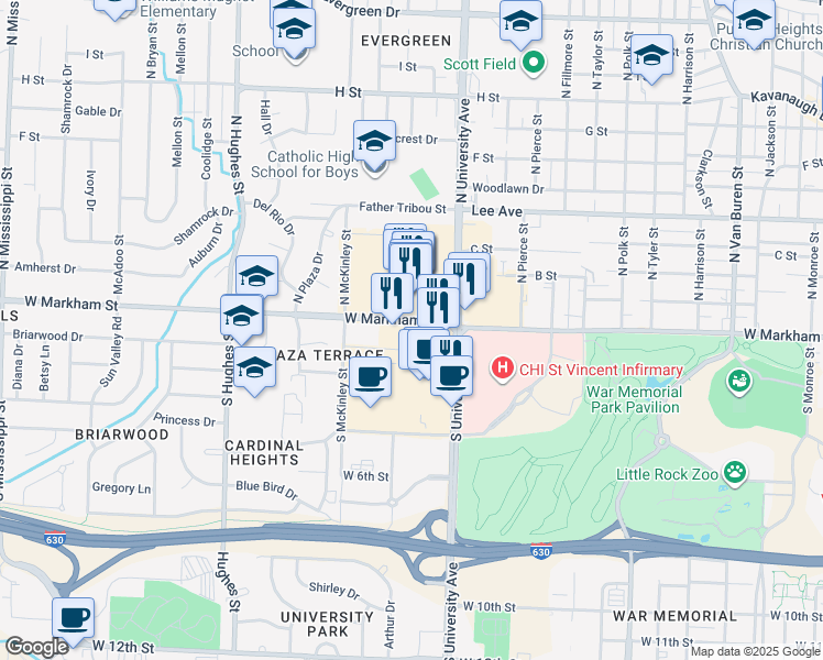 map of restaurants, bars, coffee shops, grocery stores, and more near 6115 West Markham Street in Little Rock