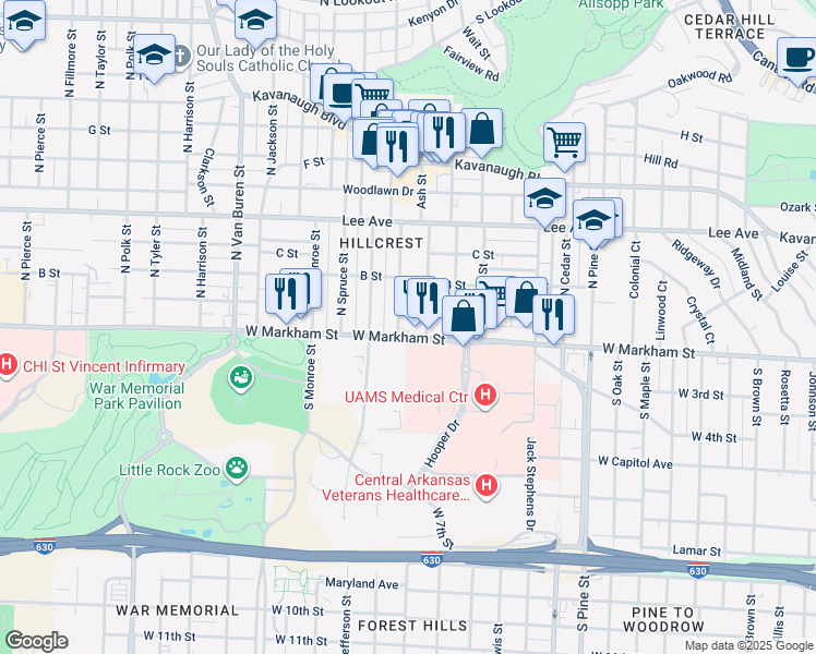 map of restaurants, bars, coffee shops, grocery stores, and more near 4520 West Markham Street in Little Rock