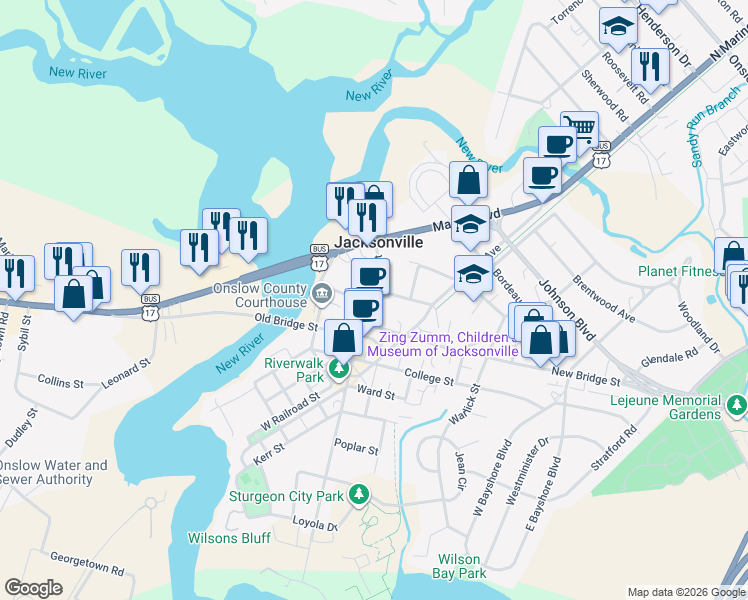 map of restaurants, bars, coffee shops, grocery stores, and more near 116 Chaney Avenue in Jacksonville