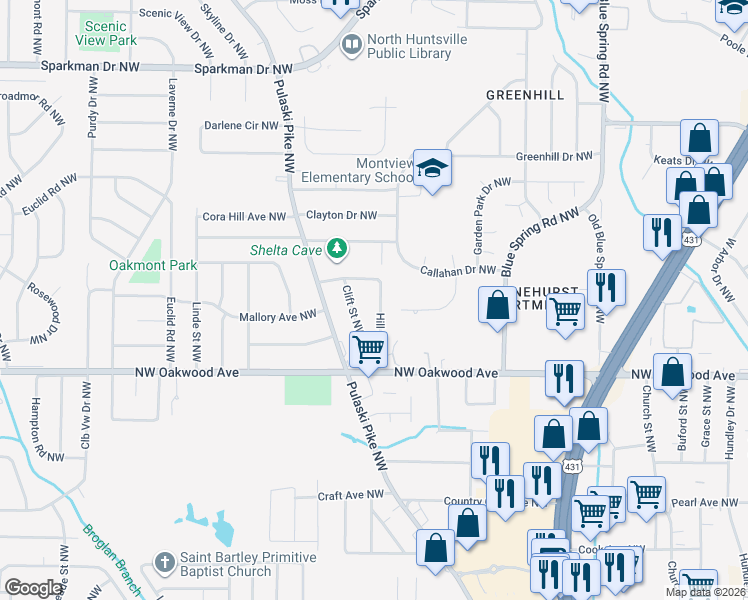 map of restaurants, bars, coffee shops, grocery stores, and more near 2208 Hill Street Northwest in Huntsville