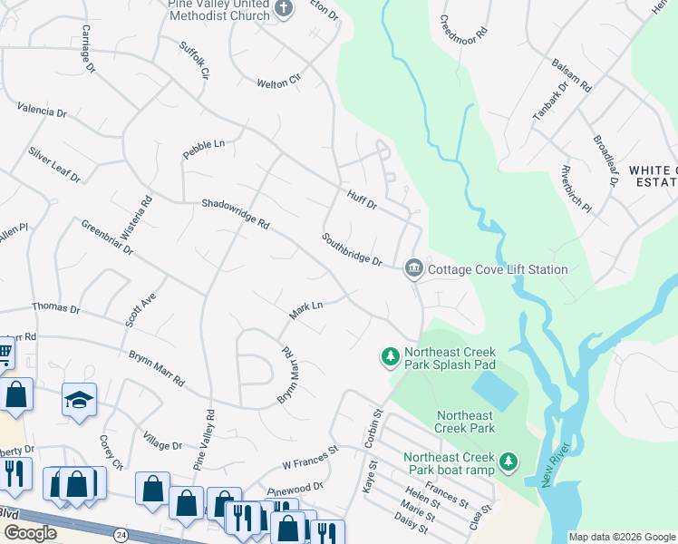 map of restaurants, bars, coffee shops, grocery stores, and more near 616 Shadowridge Road in Jacksonville
