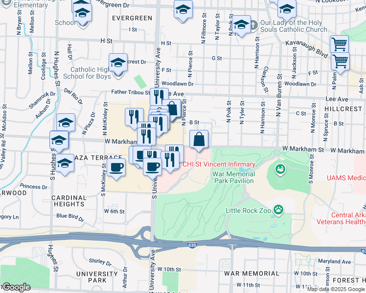 map of restaurants, bars, coffee shops, grocery stores, and more near 5801 West Markham Street in Little Rock