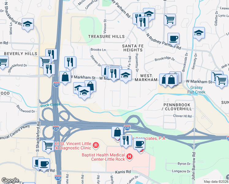 map of restaurants, bars, coffee shops, grocery stores, and more near 35 Meadowbrook Lane in Little Rock