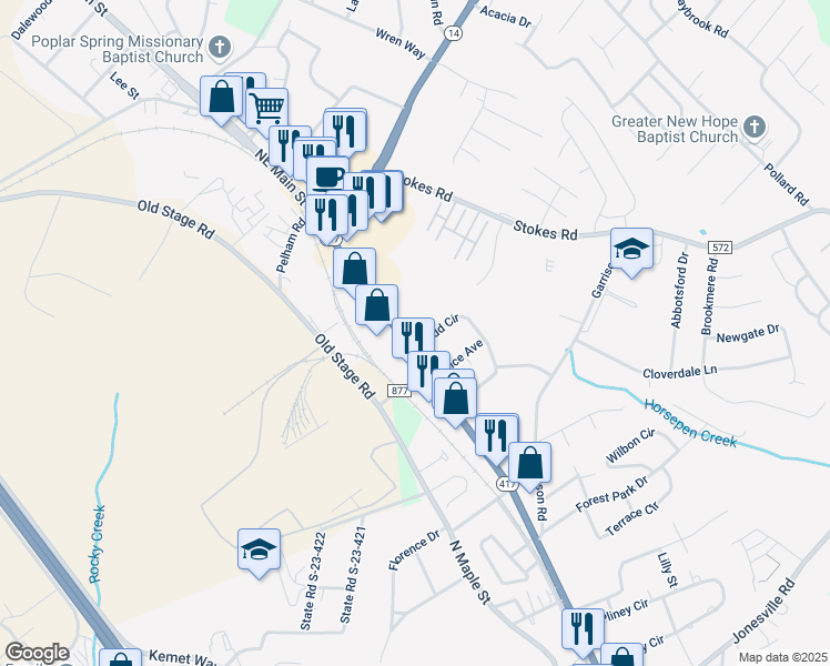 map of restaurants, bars, coffee shops, grocery stores, and more near 902 Northeast Main Street in Simpsonville