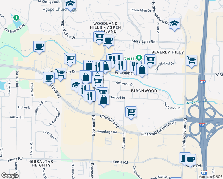 map of restaurants, bars, coffee shops, grocery stores, and more near 11717 Elmridge Cir in Little Rock
