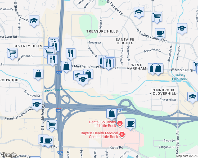 map of restaurants, bars, coffee shops, grocery stores, and more near 214 Oak Lane in Little Rock