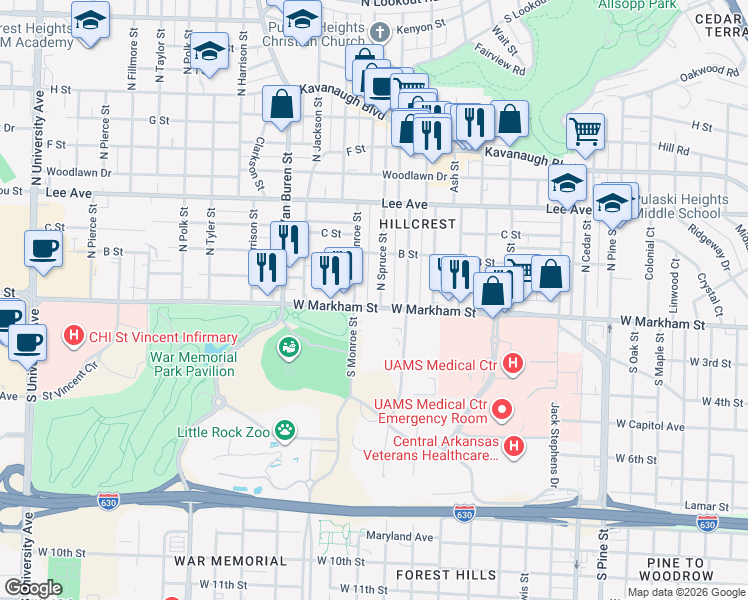 map of restaurants, bars, coffee shops, grocery stores, and more near 104 N Spruce St in Little Rock