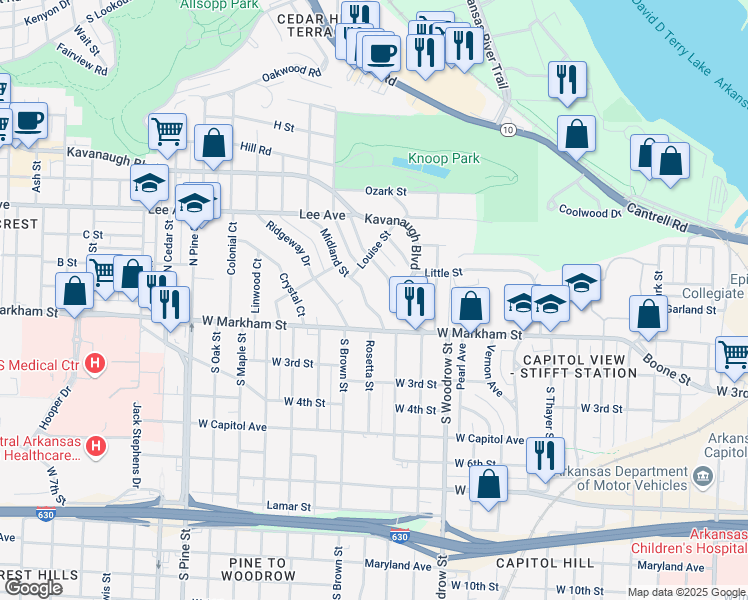 map of restaurants, bars, coffee shops, grocery stores, and more near 209 Midland Street in Little Rock