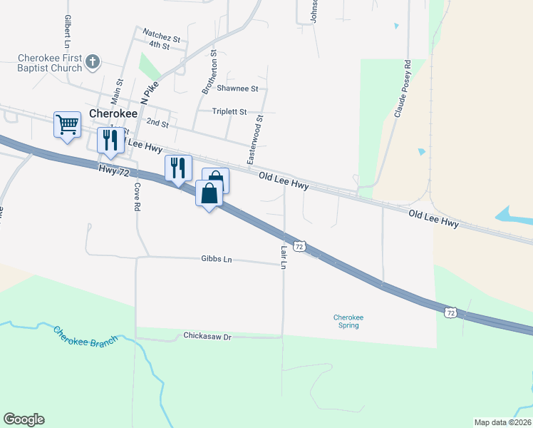 map of restaurants, bars, coffee shops, grocery stores, and more near 1600 Daniel Street in Cherokee