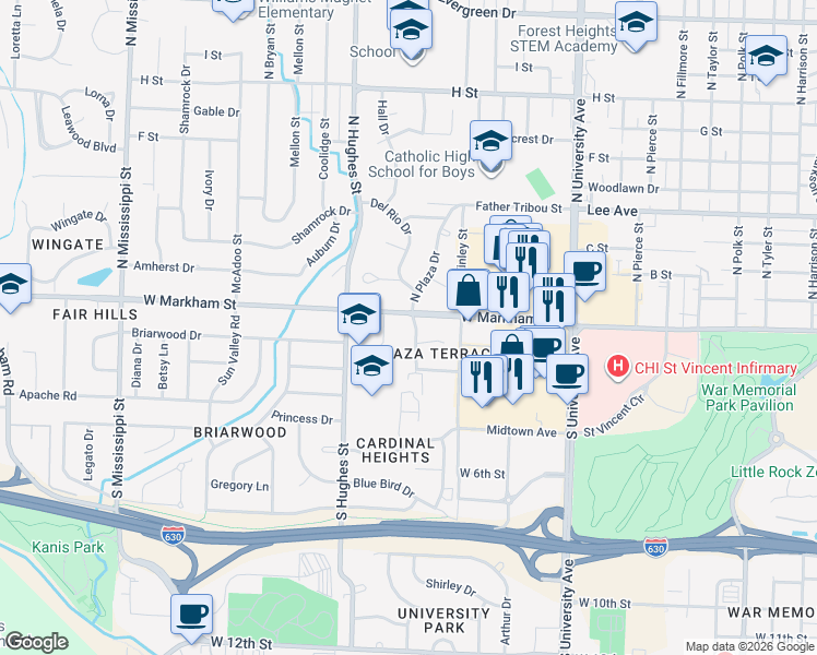 map of restaurants, bars, coffee shops, grocery stores, and more near 104 South Plaza Drive in Little Rock