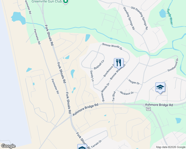 map of restaurants, bars, coffee shops, grocery stores, and more near 132 Sandy Lane in Greenville
