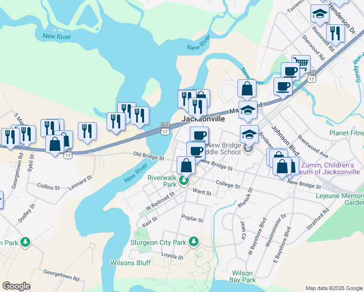map of restaurants, bars, coffee shops, grocery stores, and more near 24 Tallman Street in Jacksonville