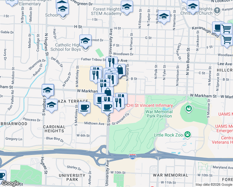 map of restaurants, bars, coffee shops, grocery stores, and more near 5914 West Markham Street in Little Rock