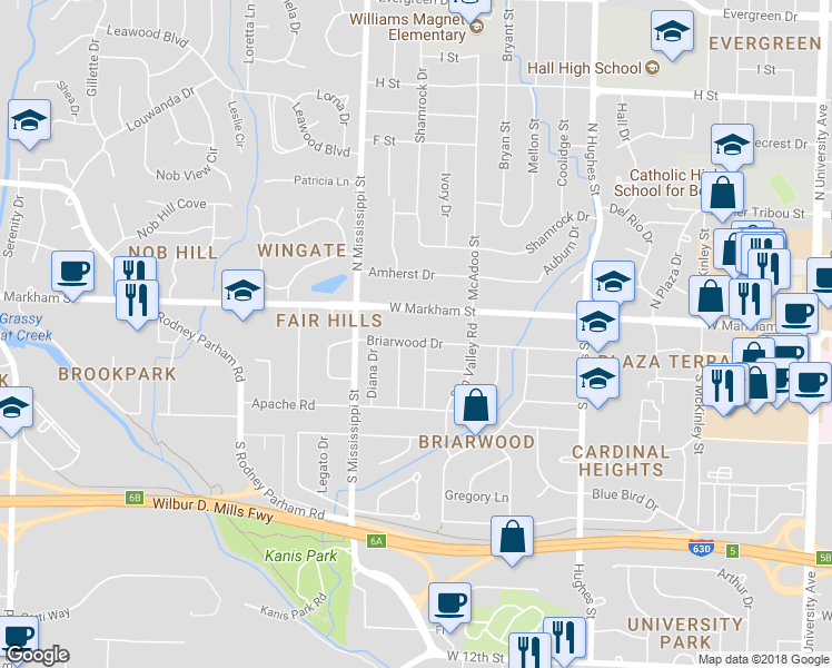 map of restaurants, bars, coffee shops, grocery stores, and more near 7402 Briarwood Drive in Little Rock
