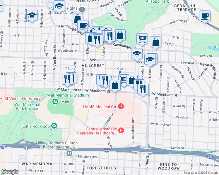 map of restaurants, bars, coffee shops, grocery stores, and more near 4400 West Markham Street in Little Rock