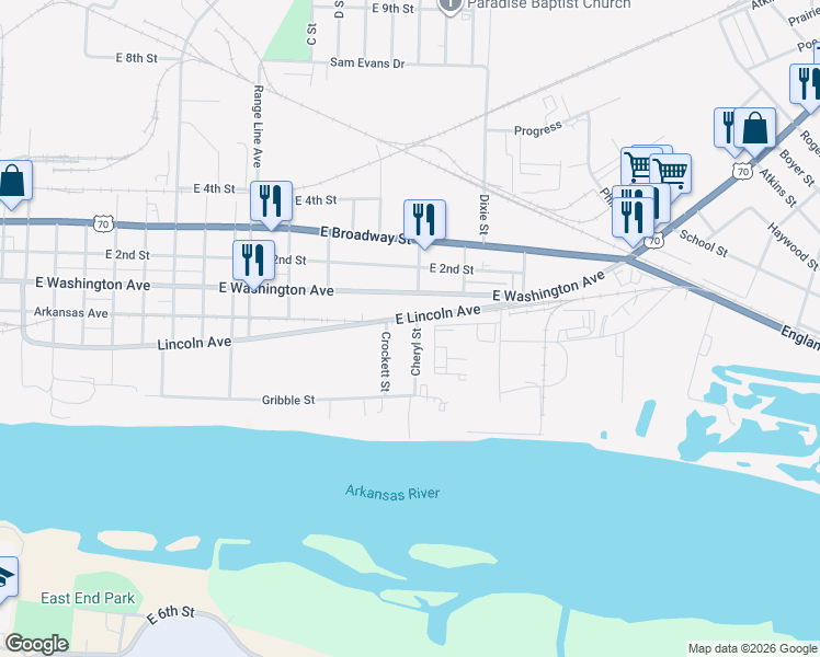 map of restaurants, bars, coffee shops, grocery stores, and more near 213 Cheryl Street in North Little Rock
