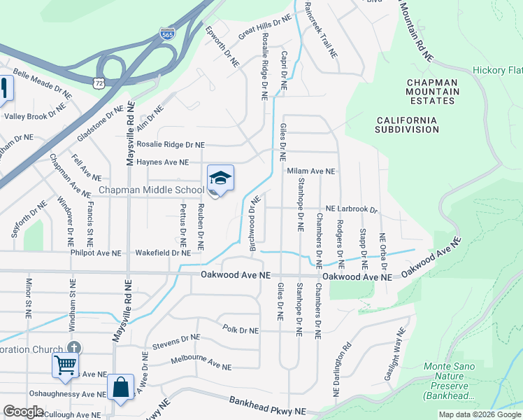 map of restaurants, bars, coffee shops, grocery stores, and more near 2115 Fernbrook Drive Northeast in Huntsville