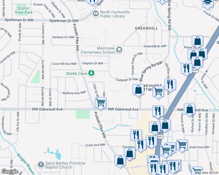 map of restaurants, bars, coffee shops, grocery stores, and more near 2208 Hill Street Northwest in Huntsville