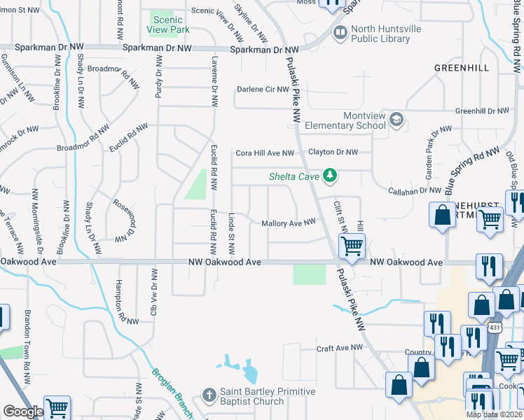 map of restaurants, bars, coffee shops, grocery stores, and more near 2203 La Salle Road Northwest in Huntsville