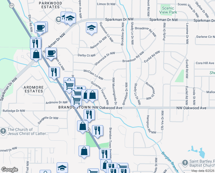map of restaurants, bars, coffee shops, grocery stores, and more near 2214 Suzanne Circle Northwest in Huntsville