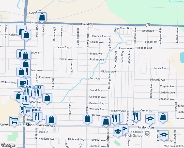 map of restaurants, bars, coffee shops, grocery stores, and more near 1052 Midland Avenue in Muscle Shoals