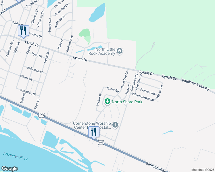 map of restaurants, bars, coffee shops, grocery stores, and more near 10 Spear Road in North Little Rock