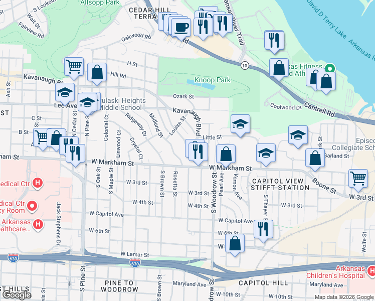 map of restaurants, bars, coffee shops, grocery stores, and more near 1024 Kavanaugh Boulevard in Little Rock