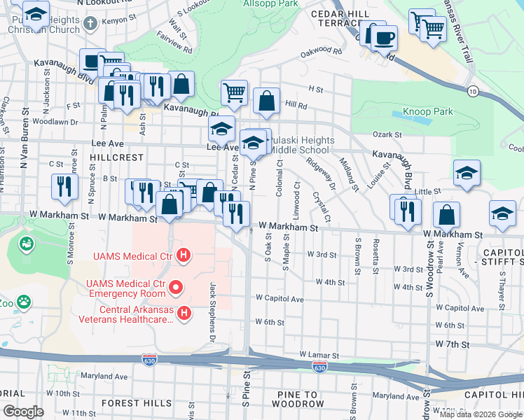 map of restaurants, bars, coffee shops, grocery stores, and more near 115 North Pine Street in Little Rock