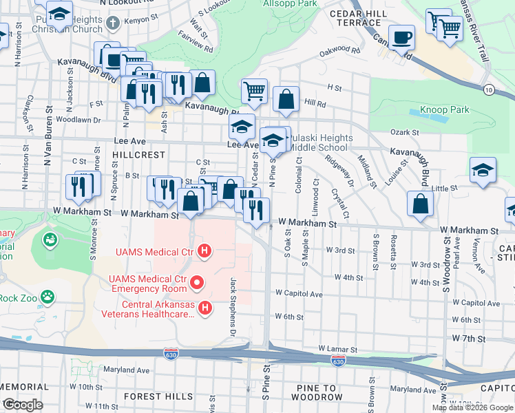 map of restaurants, bars, coffee shops, grocery stores, and more near 110 North Cedar Street in Little Rock
