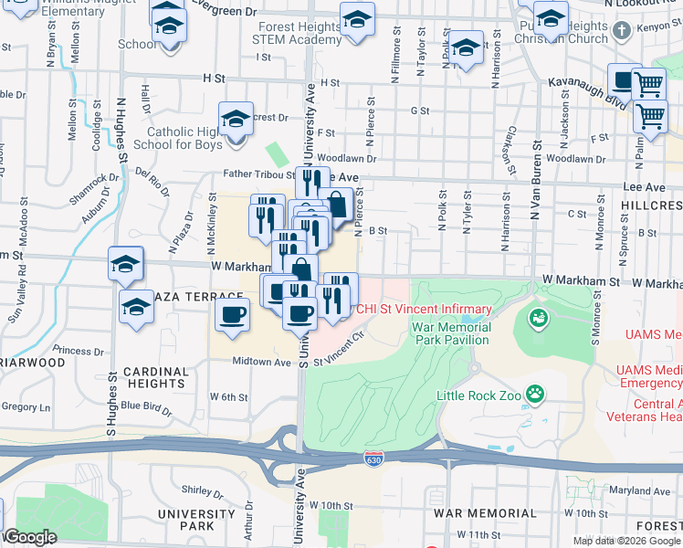 map of restaurants, bars, coffee shops, grocery stores, and more near 5914 West Markham Street in Little Rock
