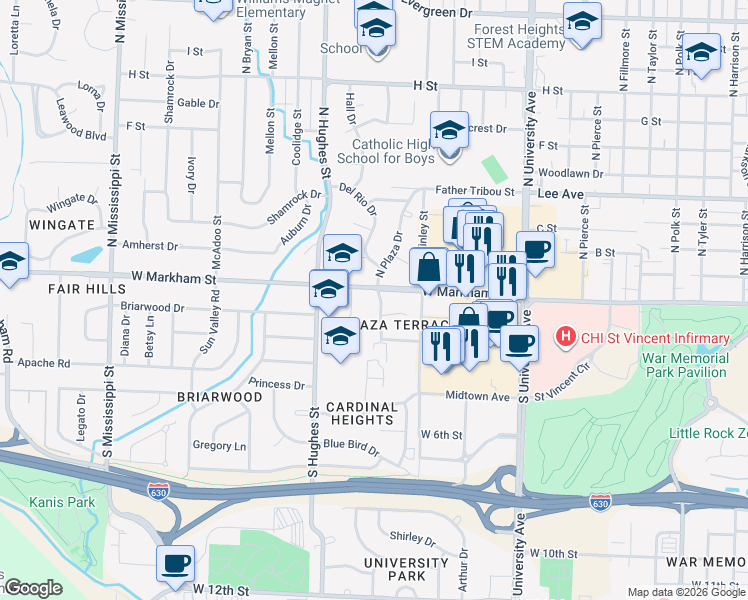 map of restaurants, bars, coffee shops, grocery stores, and more near 104 South Plaza Drive in Little Rock