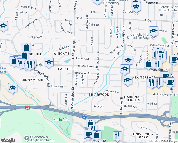 map of restaurants, bars, coffee shops, grocery stores, and more near 7402 Briarwood Drive in Little Rock