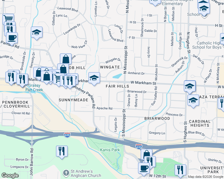 map of restaurants, bars, coffee shops, grocery stores, and more near 119 Hiawatha Drive in Little Rock