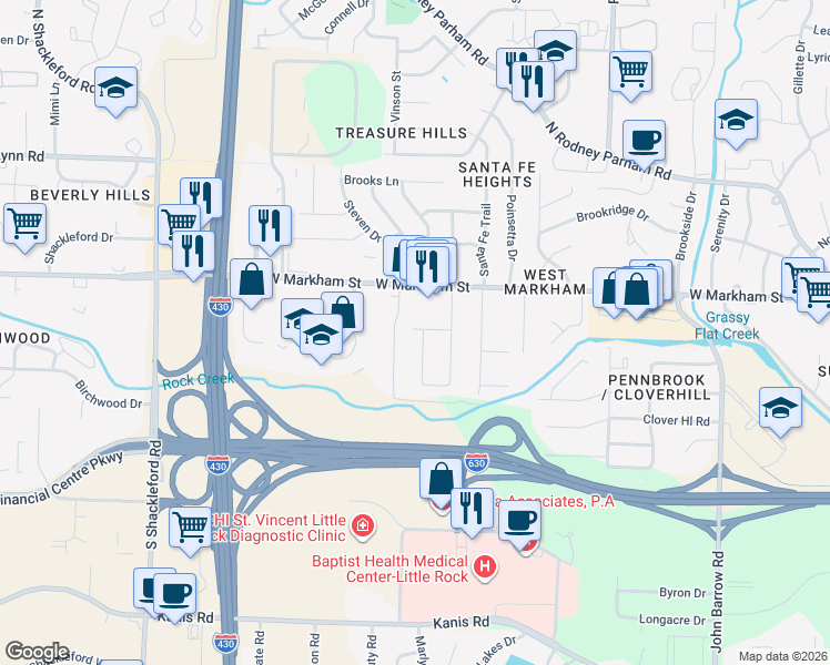 map of restaurants, bars, coffee shops, grocery stores, and more near 35 Meadowbrook Lane in Little Rock