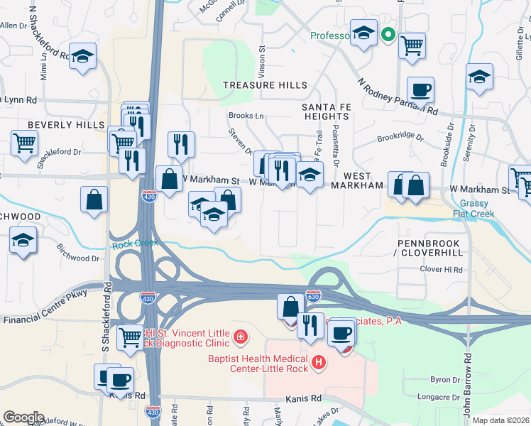 map of restaurants, bars, coffee shops, grocery stores, and more near 214 Oak Lane in Little Rock