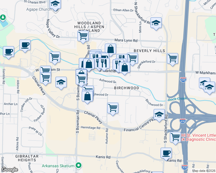 map of restaurants, bars, coffee shops, grocery stores, and more near 11620 Chipwood Drive in Little Rock